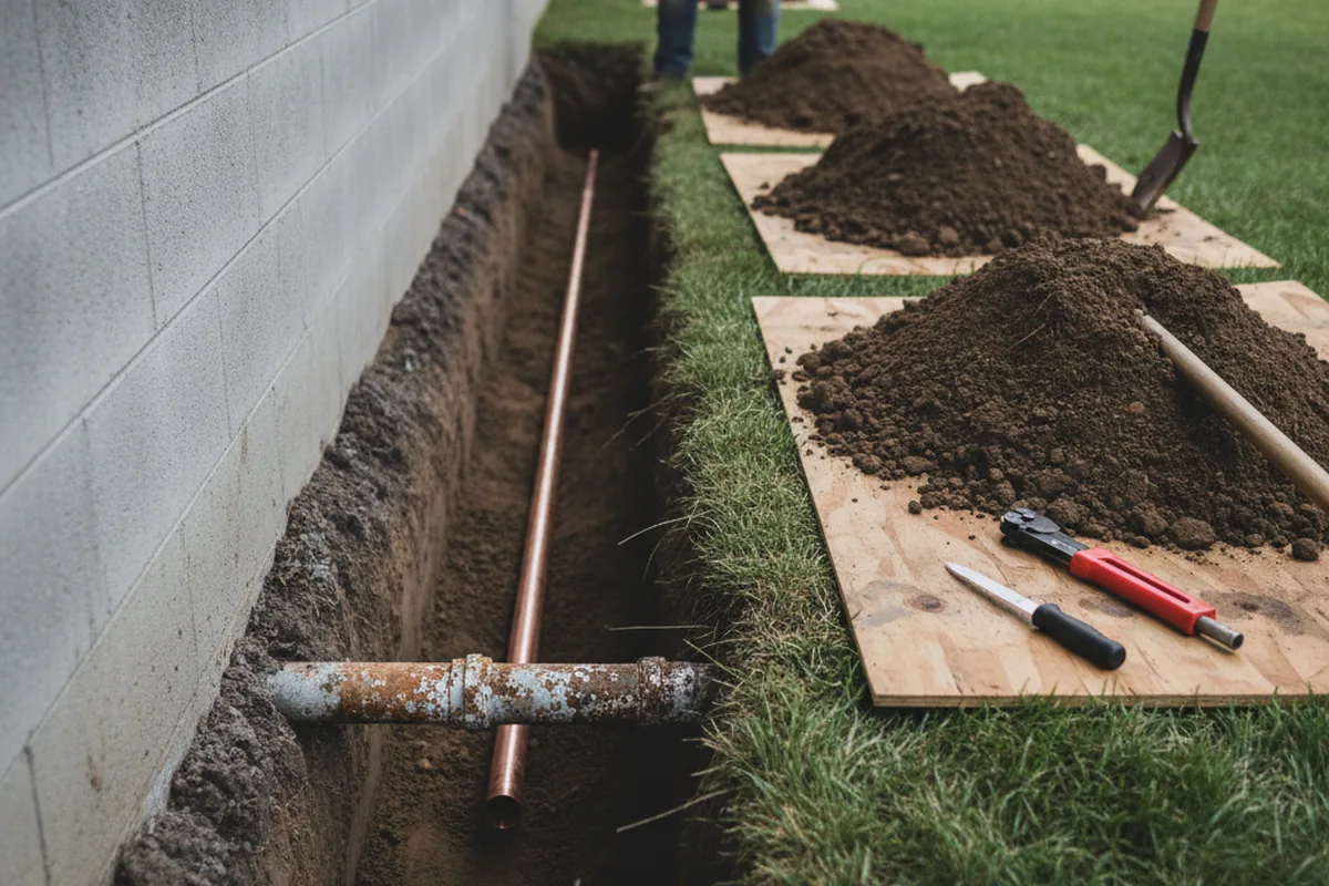 Excavated water line trench during Water Softener Installation in Bountiful